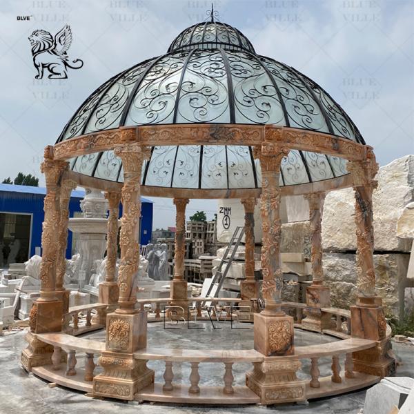 Sunset Red Marble Waterproof Gazebo Wedding Natural Stone Carving Roman Pillar Pavilion Outdoor Large Luxury