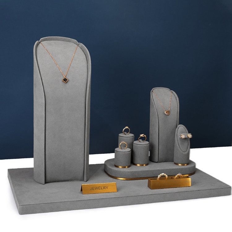 High-End Microfiber Necklace Ring Earrings Showcase Gray Jewelry Counter Display Props with Window Display Set