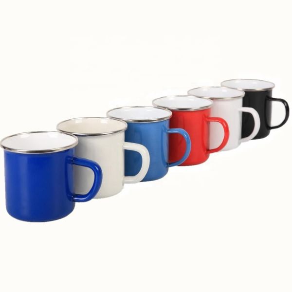 304 Stainless Steel Rim Carbon Steel Enamel Coffee Milk Mugs Custom Decal Completed with Durable C Shape Handle