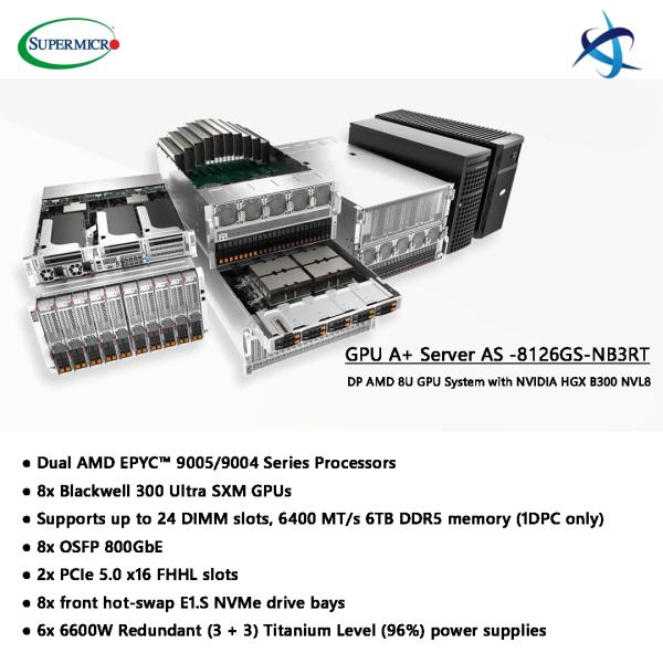 Serveur rack GPU Supermicro AS 8126GS NB3RT 8U avec deux processeurs AMD EPYC série 9005 et 8X NVIDIA HGX B300 NVL8 pour les applications IA HPC