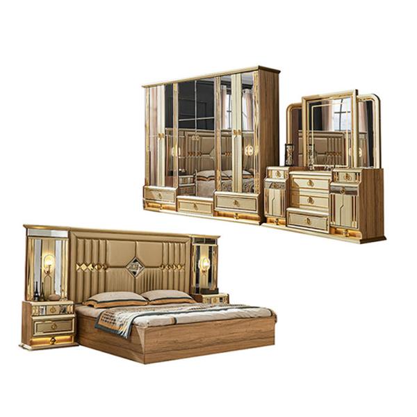 Wooden Modern Gold King Size Bed Double Master Room Villa Home Royal Full Queen Wood Luxury Bedroom Furniture Set