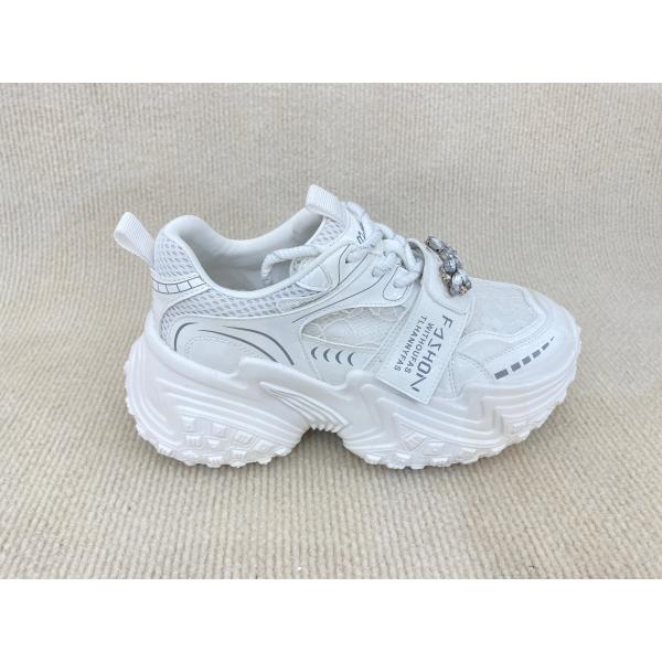 Women white flat fashion sneakers with paillette crystal breathable mesh and low cut