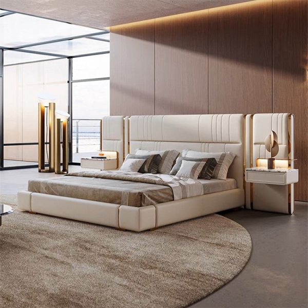 Synthetic Leather Upholstery Material King Size Luxury Bed Frame Sets Modern Villa Bedroom Furniture Plywood Panel Type