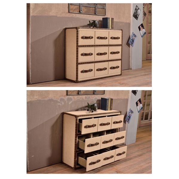 Nidea #8611 American Vintage Style Handmade Leather Red Wine  Bar Side Table Storage Cabinet 9 Drawers for Hotels Home Furniture