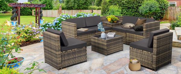 Patio Rattan Furniture Set Hidden Storage, 7 Sofa Sections, Outdoor Wicker Conversation Set, Natural Color Rattan