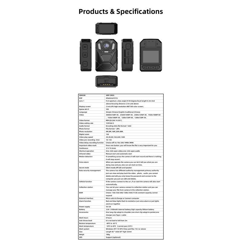 Mini 48MP 4K UHD High Relosution 16X Zoom Body Worn Camera With IP66 Waterproof and WIFI GPS Wearable Camera for Video Recording