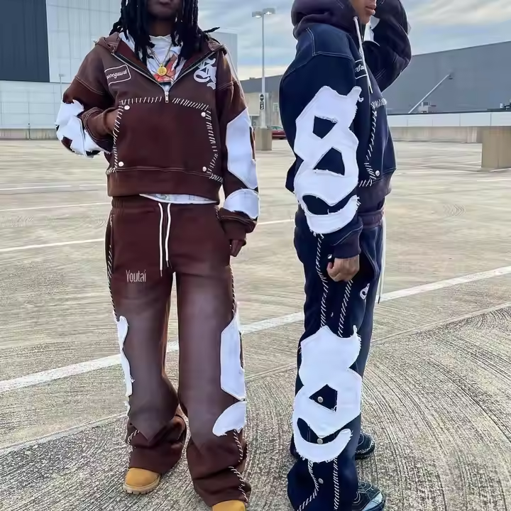 2025 Custom Reverse Embroidery Half Zipper Streetwear Tracksuit Pullover Acid Wash Distressed Flared Sweatpants and Hoodie Set