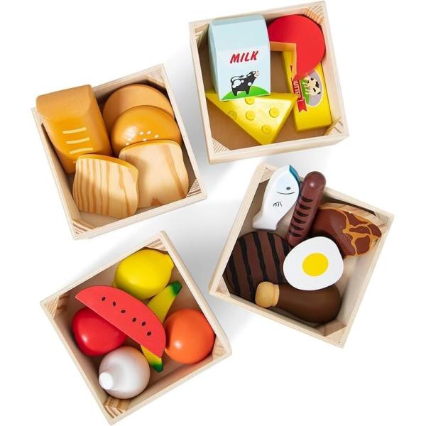 Wooden Children Pretend Role-Playing Food Sets 21 Pieces and 4 Crates Pine Wood Color