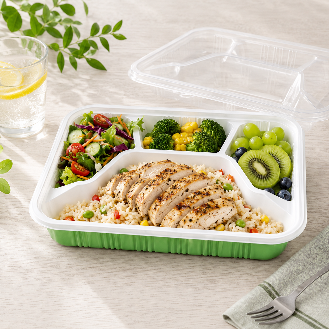School Lunch Green Four Compartment Tray Catering PP Meal Tray