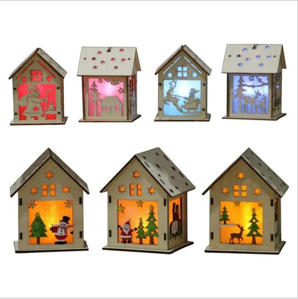 Wooden Christmas house hanging decoration with LED light