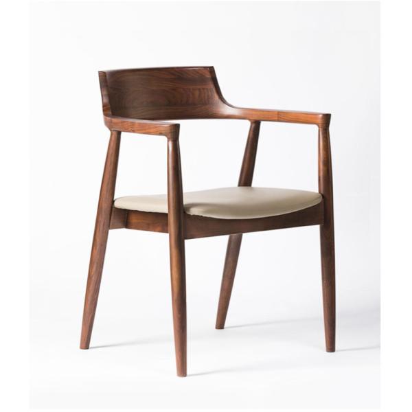 Dining Room and Living Room Contemporary Walnut Colour Wood Armrest Dining Chair with Fabric Leather Seat