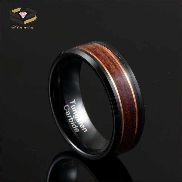 8mm Rose Gold Line and Rosewood Inlay Black Tungsten Carbide Men's Wedding Ring with Third Party Appraisal Certificate