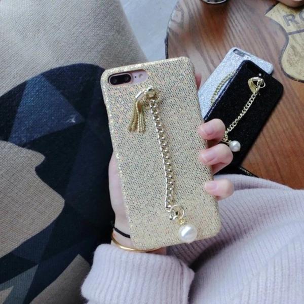 Hard PC Glitter Pendant Pearl Metal Chain Tassel Bracelet Back Cover Cell Phone Case For iPhone 7 6s Plus
