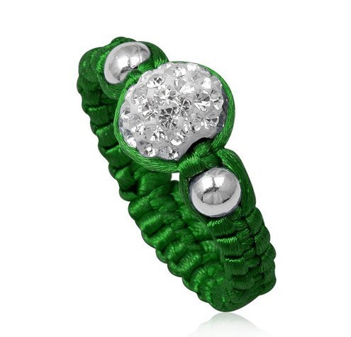 Handmade Beaded Jewelry Olivine Crystal Shamballa Rings With Green Cord, White