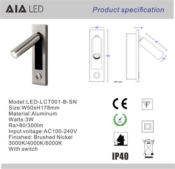 Contemporary embedded mounted Gold Brushed led wall lamps 3W led wall light led reading bedside wall light