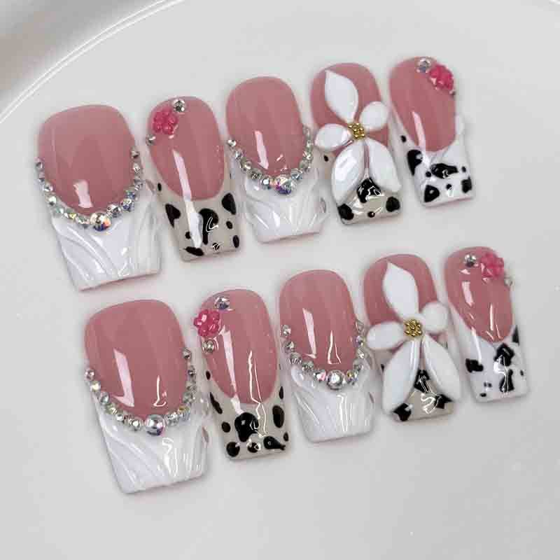 Reusable Art Handmade Press On Nails Almond Cat Eye Silver 3D Flower Design