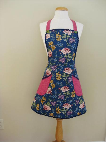 Ladies Apron, Adult Apron, Blue Kitchen Apron, Full Cooking Apron, Kitchen Apron, Floral Apron, Gift For Her, Full Apron