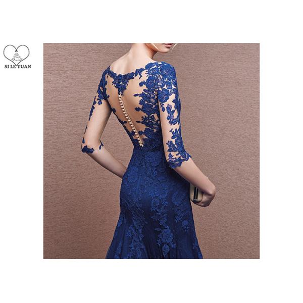 Navy Blue Black Mermaid Style Prom Dress , V Neck Ball Gown Naked Back Tulle