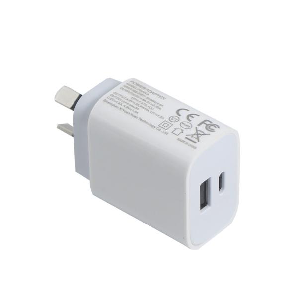 AU 2-Pin 20W Dual-Port Wall Charger – USB-C & USB-A Fast Charging Power Adapter for Phone, Tablet, Camera, Travel Use
