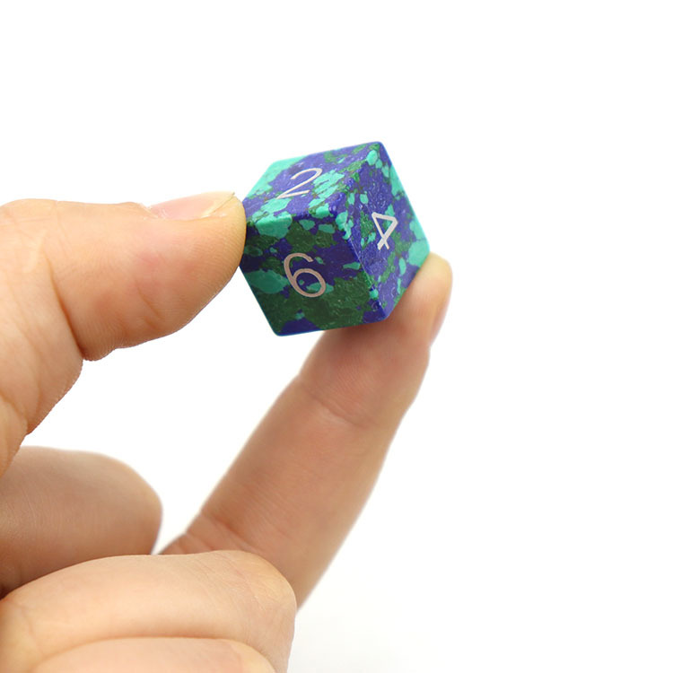 Natural Azurite Malachite Stone Polyhedral Dice Set - Hand Carved DND Dice with Silver Ink Engraved Numbers