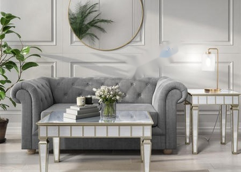 Mirrored Finish Coffee Table with Gold Detailing and MDF Material