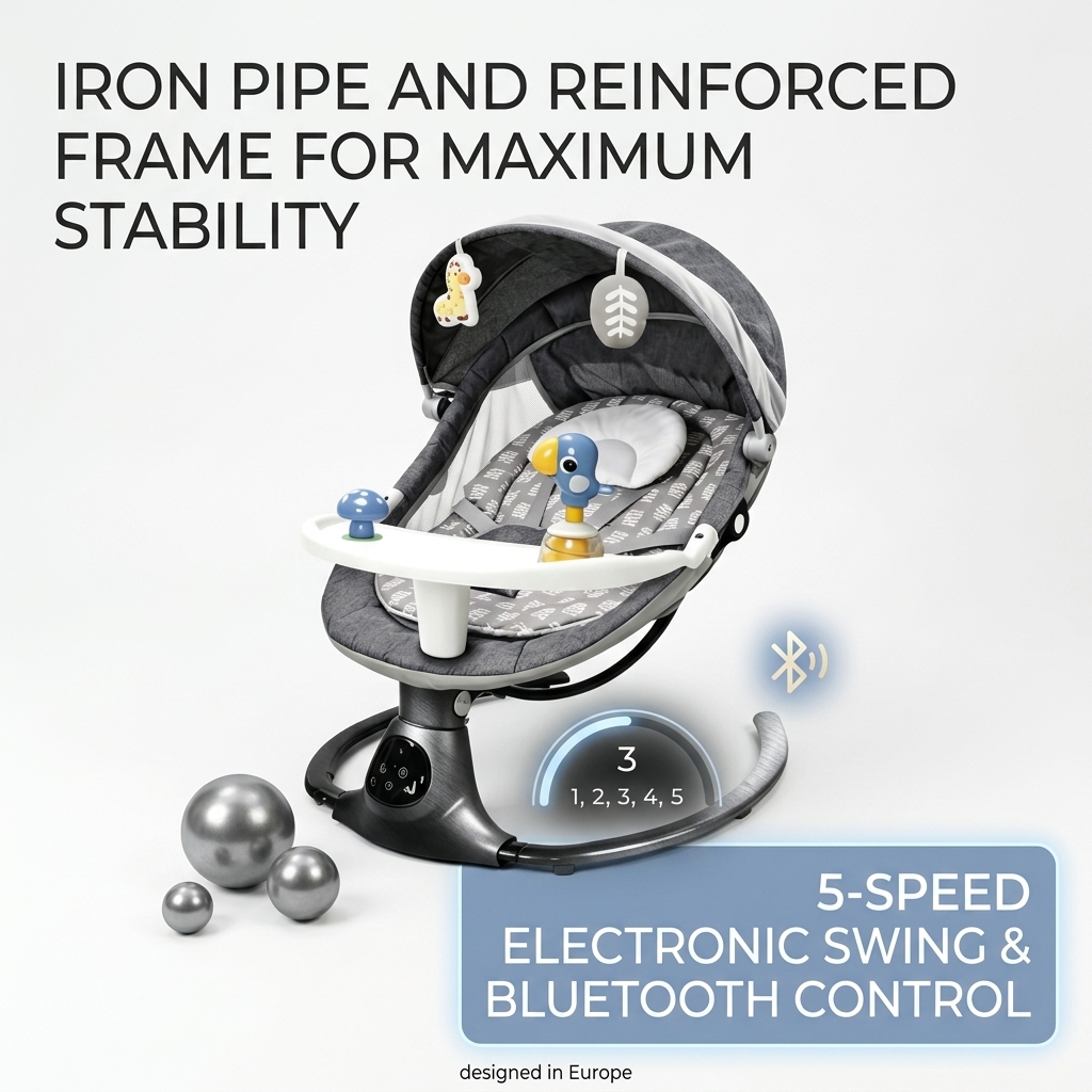 Bionic Electric Baby Rocking Chair 170 Degree Tilt PE Board Spinal Support with 5-Speed Swing