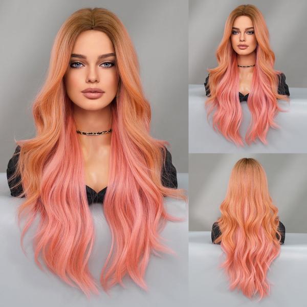 Fashion Long Body Wave Dark Root Hair Pink Synthetic Wigs For Women
