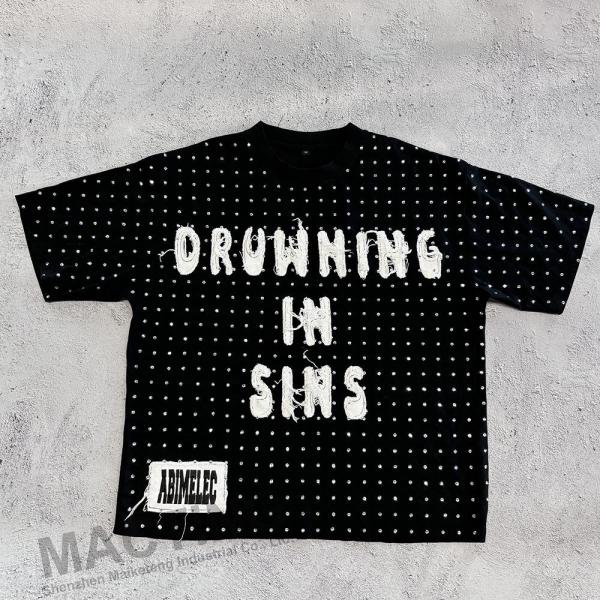 Custom Streetwear Rhinestone Cropped T Shirt Distressed Embroidery Patched For Men