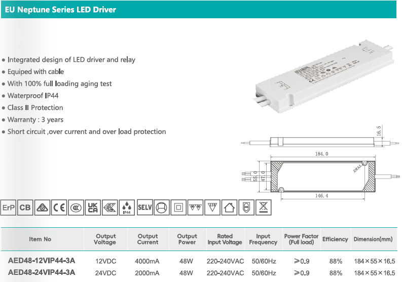 48W 24V Constant Voltage LED Driver With 30000 Hours Warranty CE/SAA Approved