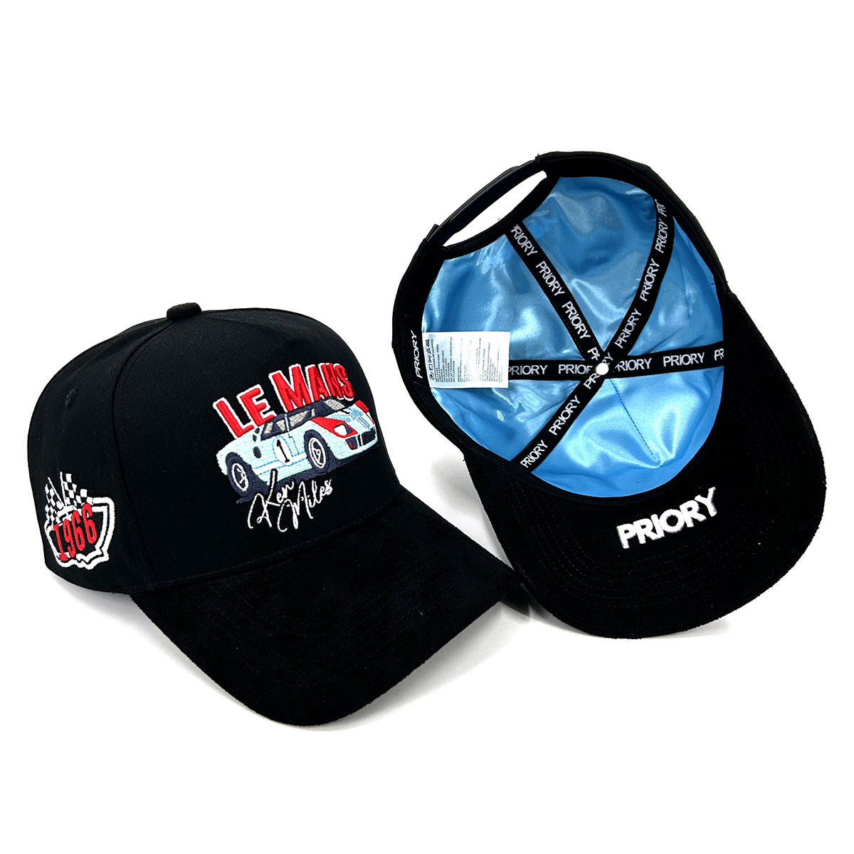 Full Black Suede Cotton Custom Hats 5 Panel 3D Embroidery Blue Lining Baseball Cap