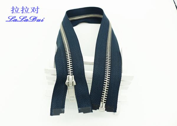 Silver Teeth 20 Inch Metal Separating Zipper Polyester Tape For Denim Coats