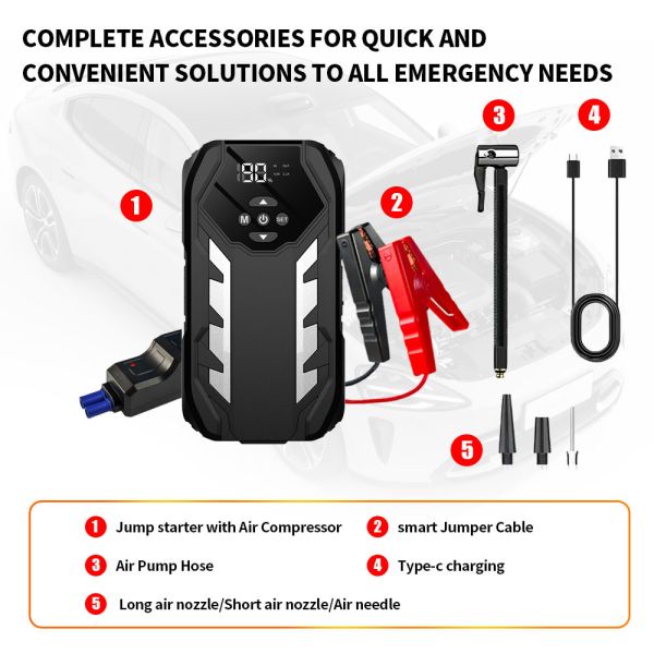 8000mAh 12V Vehicle Battery Jump Starter with Tire Inflator and Air Compressor Kit