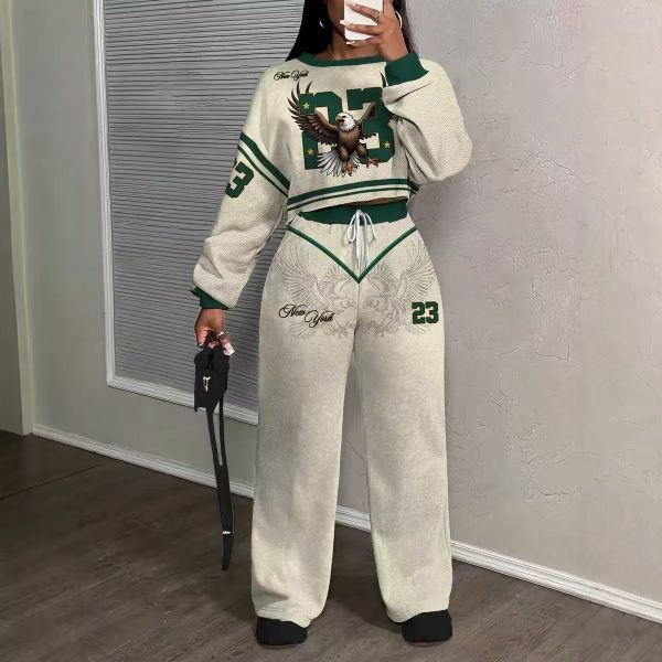 Flame Print Cropped Sweatshirt & Jogger Set with Adjustable Drawstring Waist - Urban Streetwear Tracksuit