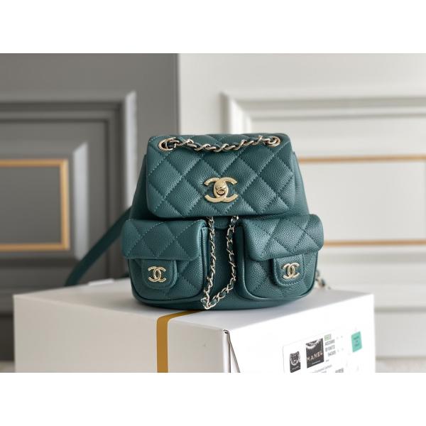 Litchi Chanel Designer Brand Backpack en cuir 23P nouvelle Duma Small Peacock Green