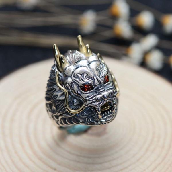 Sterling Silver Brass 2 Tone Dragon Head Engraved Vintage Ring for Men(059118)