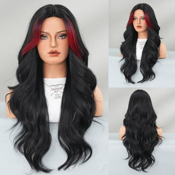 Fashion Long Body Wave Hair Black/Red Synthetic Wigs For Women
