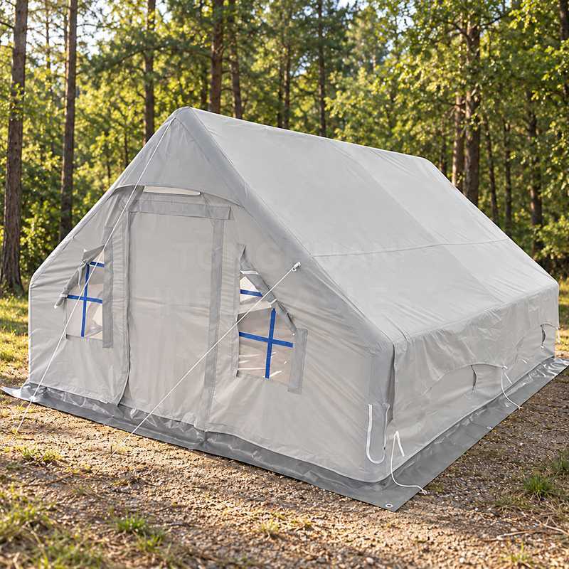 Custom Gray Inflatable Camping Tent with Air Beam Frame and Clear Windows for Campsites and Outdoor Recreation