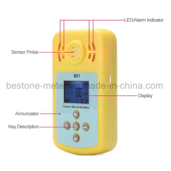 Carbon Monoxide Gas Meter Portable Co Detector 0-2000ppm LCD Display and Sound-Light Alarm Sensitive Gas Analyzer for Home Security 801