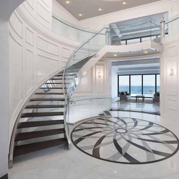 Interior Building Curved Stairs Wooden Staircase With 12mm Tempered Glass Balustrade