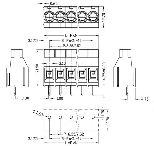Тангаж терминального блока 6.35/7.62mm винта Pcb шинопровода поляков HQ635 2