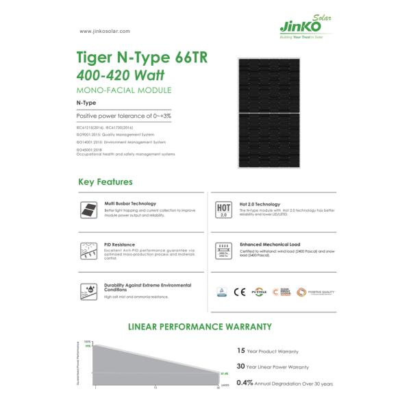 Jinko Tiger N-Type 66tr Mono Jinko Solar Panel 400W 405W 410W 415w 420w 6RL3