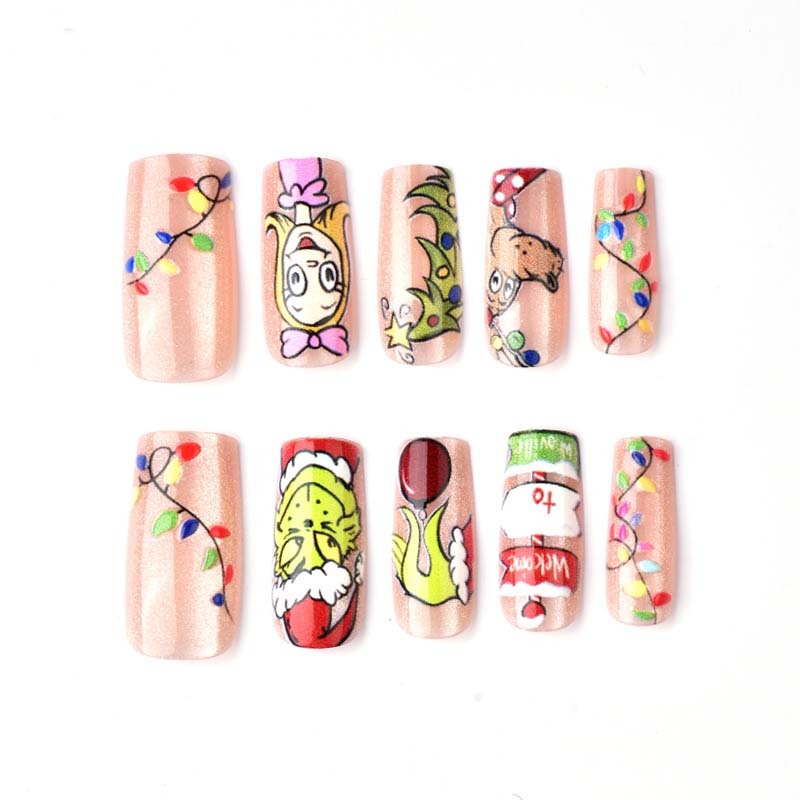 Wholesale Cartoon Grinch Christmas Holiday Fake Nails Short Square Pink Base