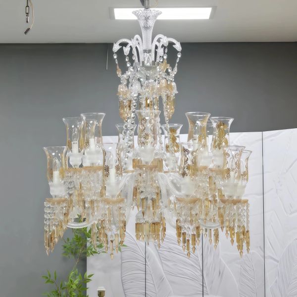 JYLIGHTING Gold & Clear Crystal Glass Chandelier, 18-Arm Floral Etched Candle-Style Fixture for Grand Dining & High-End Foyer