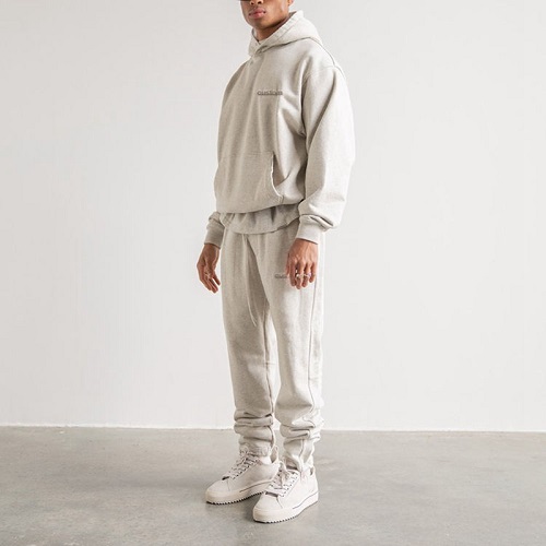 OEM French Terry 100%cotton Plain Hoodie Sweat Pants Unisex Tracksuits Heavyweight Hoodies Stacked Jogger Pants Sets