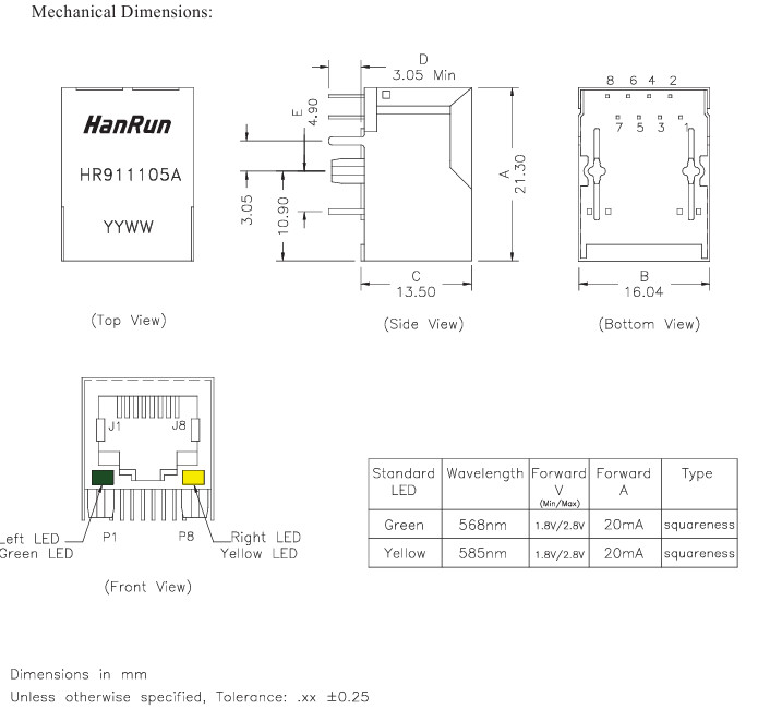 HR911105A HanRun Single Port RJ45 Connector с встроенной магнитной системой и светодиодом