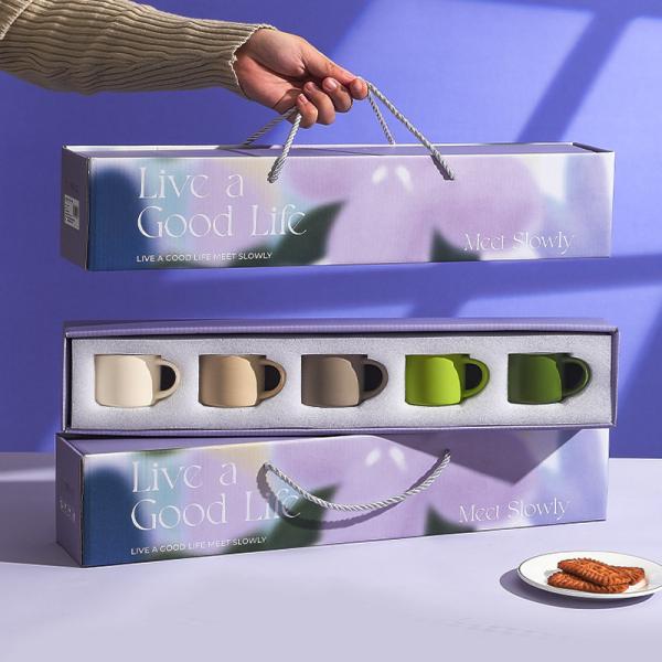 Ceramic Mug Set Premium 5 Piece Coffee Cup Collection Purple Gift Box Packaging Slow Living Theme