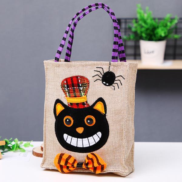 Open Closure Reusable Halloween Pumpkin Witch Skeleton Linen Bag for Candy Collection