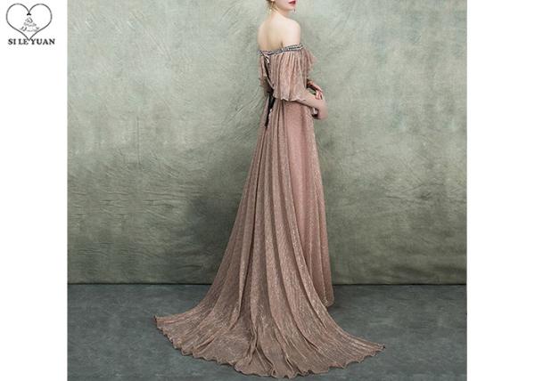 Gold Brown Princess Ball Gown Off Shoulder Long Tail With Puffy Ruffles Pleats