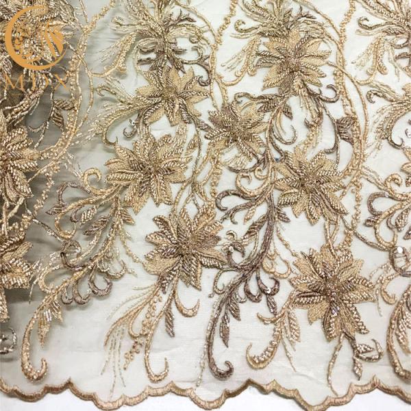 Customized Gold Heavy Beaded Embroidery Lace Fabrics By The Handmade
