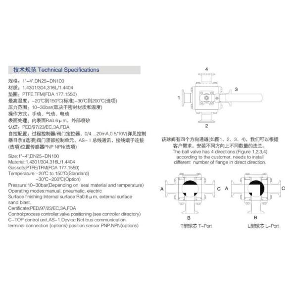 PTFE l сваренный уплотнением шариковый клапан порта SS316L DN10 санитарный